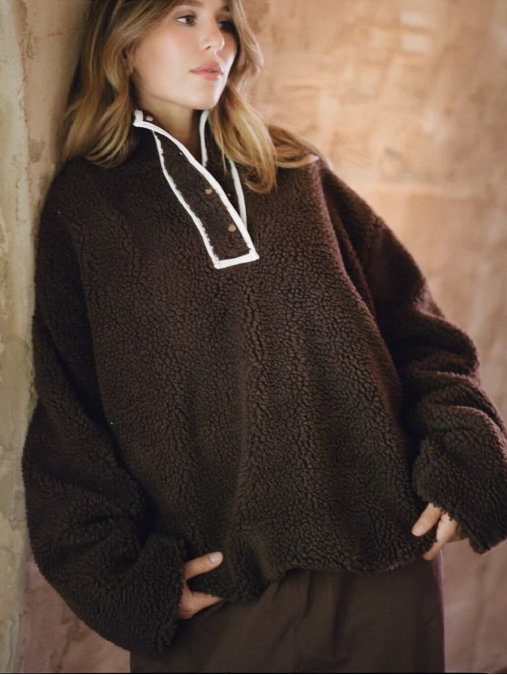 Parke Brown Sherpa Pullover with Contrast Trim